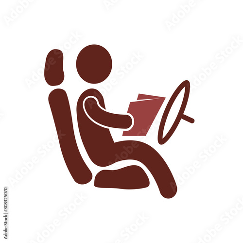 Autonomous smart driverless electric car self-driving on road to city. Vehicle on autopilot and man driver without holding hands on steering wheel. Car interior dashboard display view. Vector concept.