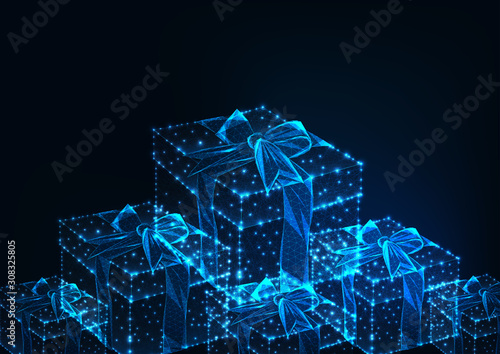 Futuristic glowing low polygonal web banner with gift boxes on dark blue background