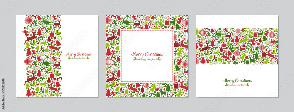 Merry Christmas square cards set with pattern. Doodles and sketches vector Christmas illustrations.