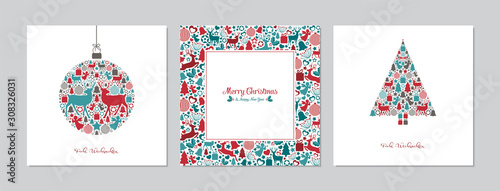 Merry Christmas square cards set with bauble, tree and christmas pattern. Doodles and sketches vector Christmas illustrations.