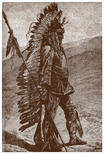 Canvastavla Historical Pawnee chief standing in landscape, wearing feather bonnet and holding spear