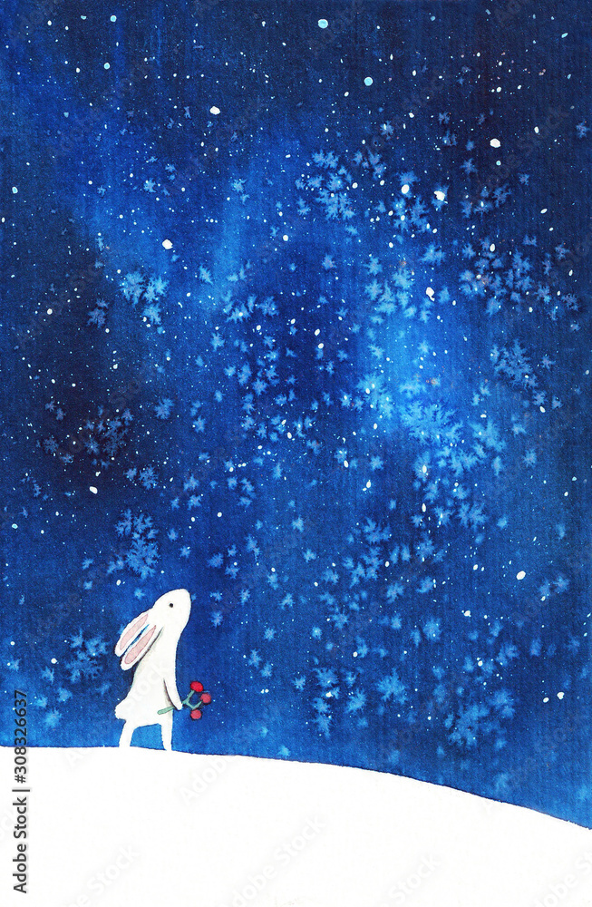 Hand painted watercolor cute white bunny looking at starry afternoon sky. Rabbits, stars, northern lights. Cute baby illustration for pattern, baby shower, invitation, greeting card design Hand painted watercolor cute white bunny looking at starry afternoon sky. Rabbits, stars, northern lights. Cute baby illustration for pattern, baby shower, invitation, greeting card design