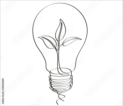 Fotografie, Tablou Continuous one line drawing little shoot grow in a light bulb