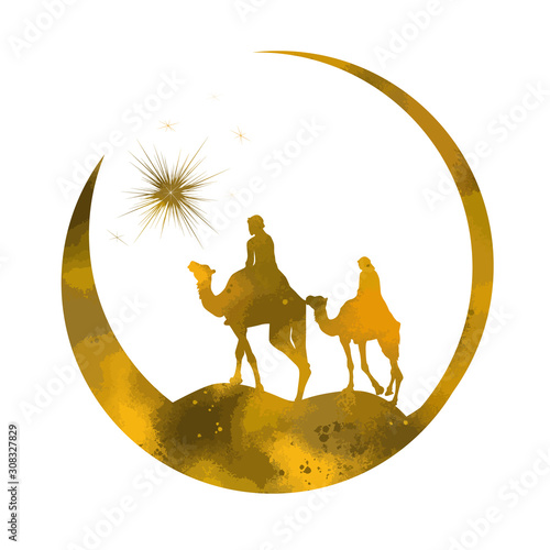 Symbol in the circle of the Magi on camels. Vector illustration. Mixed media