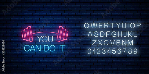 You can do it - glowing neon inscription phrase with barbell with alphabet. Motivation quote in neon style