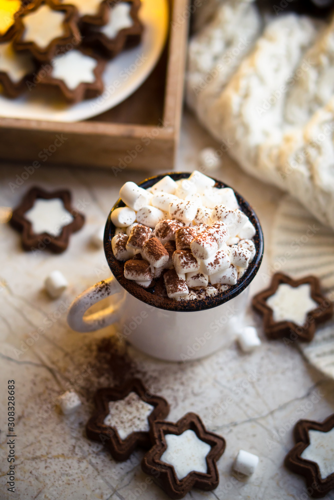 Comforting Christmas food, mug of hot cocoa with marshmallow and cookies with cozy lights