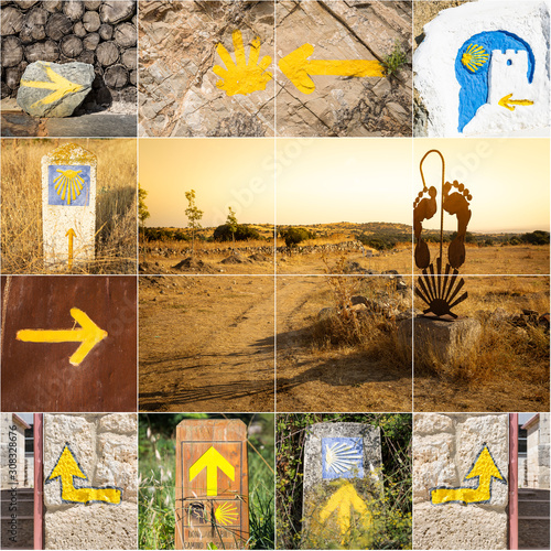 Fototapet symbols in the way to Saint James, yellow arrow and the shell