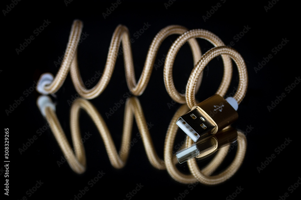 Golden USB cord on a mirror, isolated on a black background Golden USB cord on a mirror, isolated on a black background