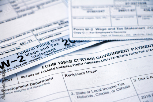Closeup of tax forms, 1099G and W-2