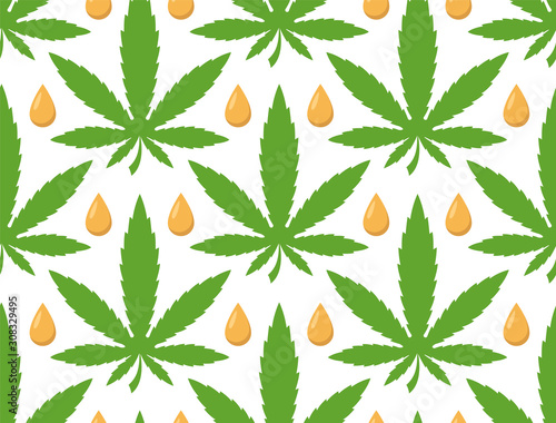 CBD (cannabidiol) seamless pattern with hemp leaves and oil.
