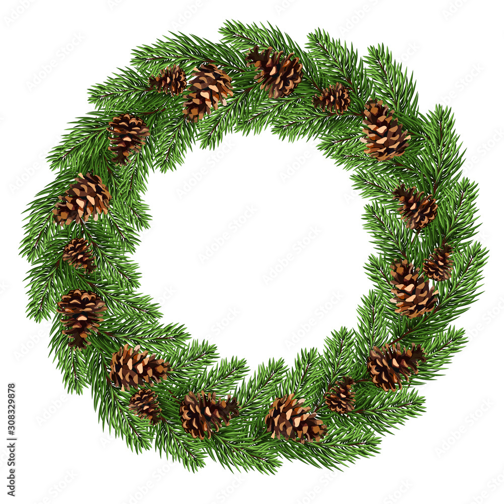 frame of tree branches and pine cones. Christmas wreath/decor with pine branches cones, red berries.Isolated with shadow