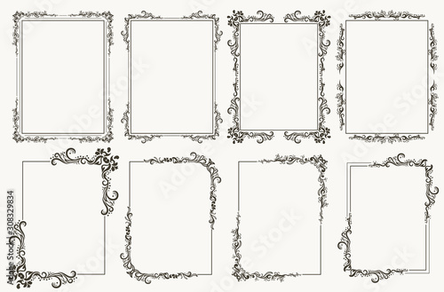 Calligraphic frame set. Borders corners ornate frames. Vector