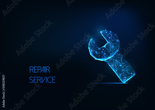 Futuristic repair service concept with glowing low polygonal wrench tool symbol