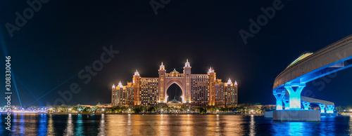 Night view of the Luxurious Atlantis Hotel in Palm Jumeirah taken at the blue hour, Dubai UAE