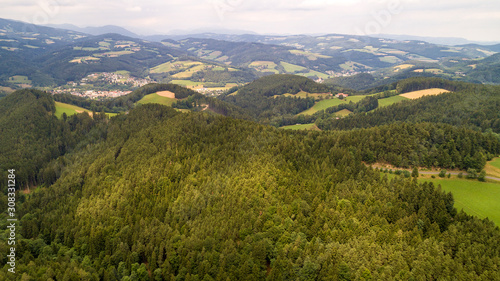 Aerial view Gemeinde Zobern. Aspang-Markt is market town in Lower Austria. Bucklige Welt is region in southeast Austria. Land of thousand hills Bucklige Welt is hill country area eastern edge of Alps. photo