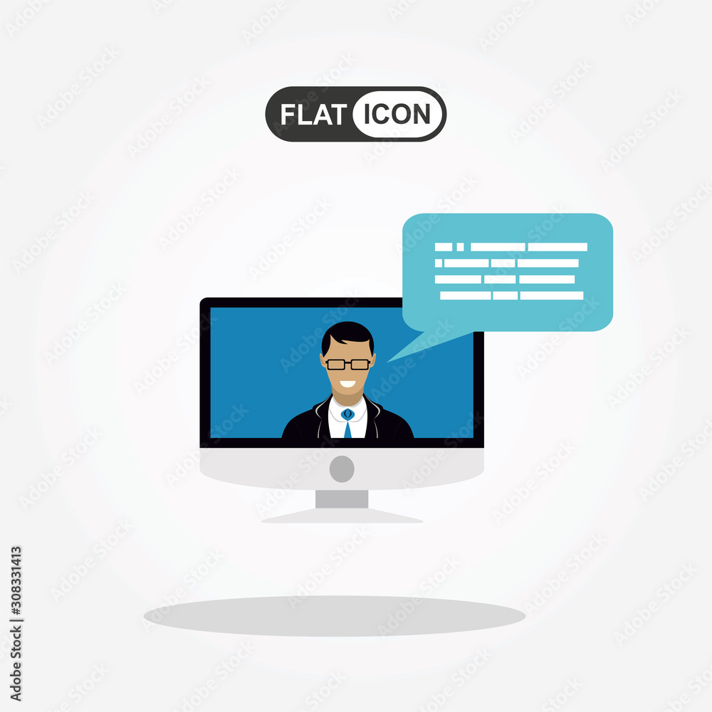 Training, education, online tutorial, e-learning concept. Man out of screen monitor laptop. Flat icon vector. Training, education, online tutorial, e-learning concept. Man out of screen monitor laptop. Flat icon vector.