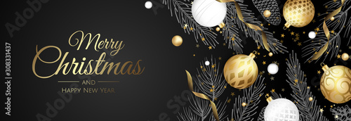 Christmas greeting card with Christmas Tree Decorations, Pine Branches, snowflake and confetti.