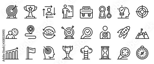 Mission icons set. Outline set of mission vector icons for web design isolated on white background