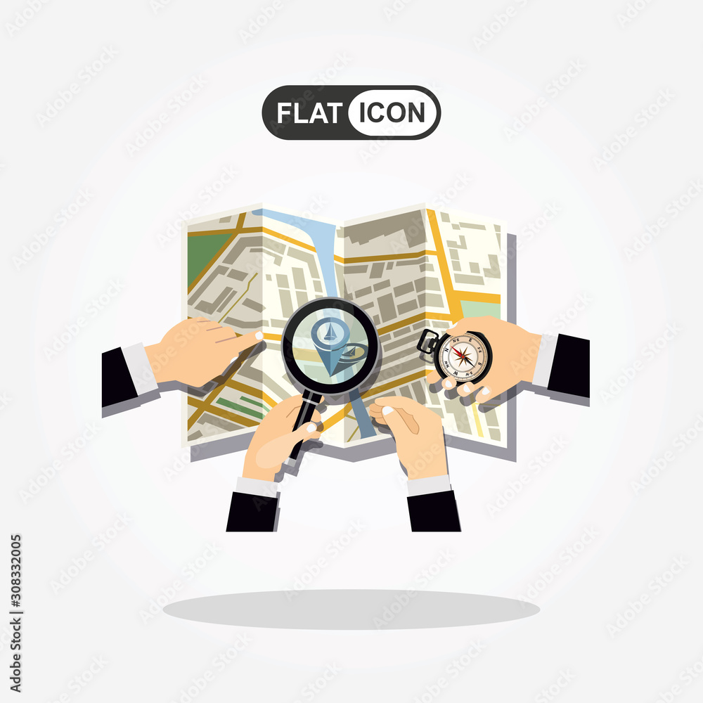 Men hand hold Navigation map and magnifier. Flat design style. Men hand hold Navigation map and magnifier. Flat design style.