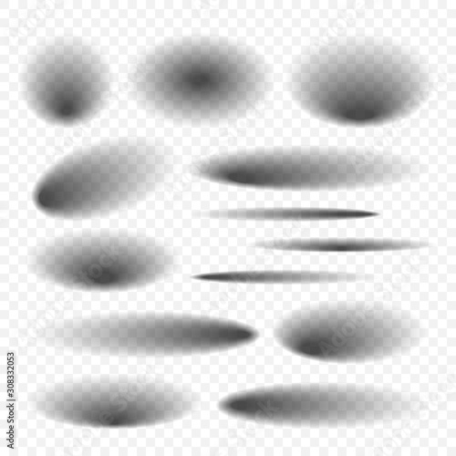 Oval shadow set on transparent background. Shadow with soft edges. Vector illustration