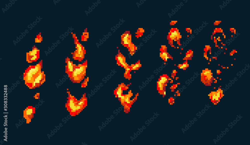 Pixel art fire. Game icons set. Comic boom flame effects for emotion ...