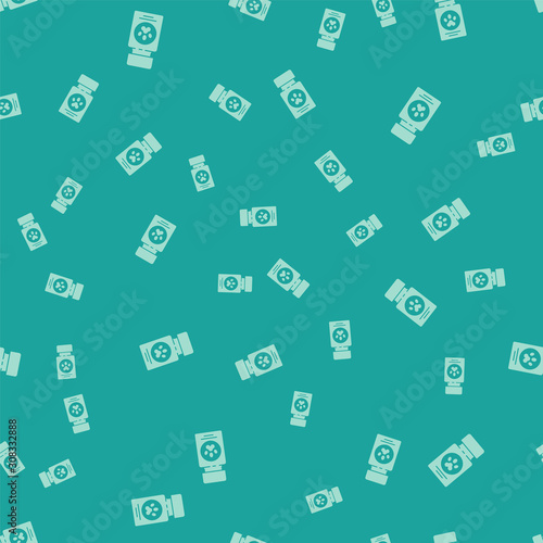 Green Dog medicine bottle and pills icon isolated seamless pattern on green background. Container with pills. Prescription medicine for animal. Vector Illustration