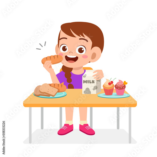 happy cute kid girl eat healthy food