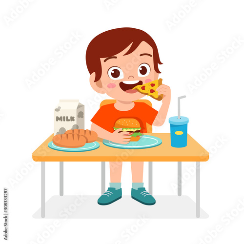 happy cute kid boy eat fast food