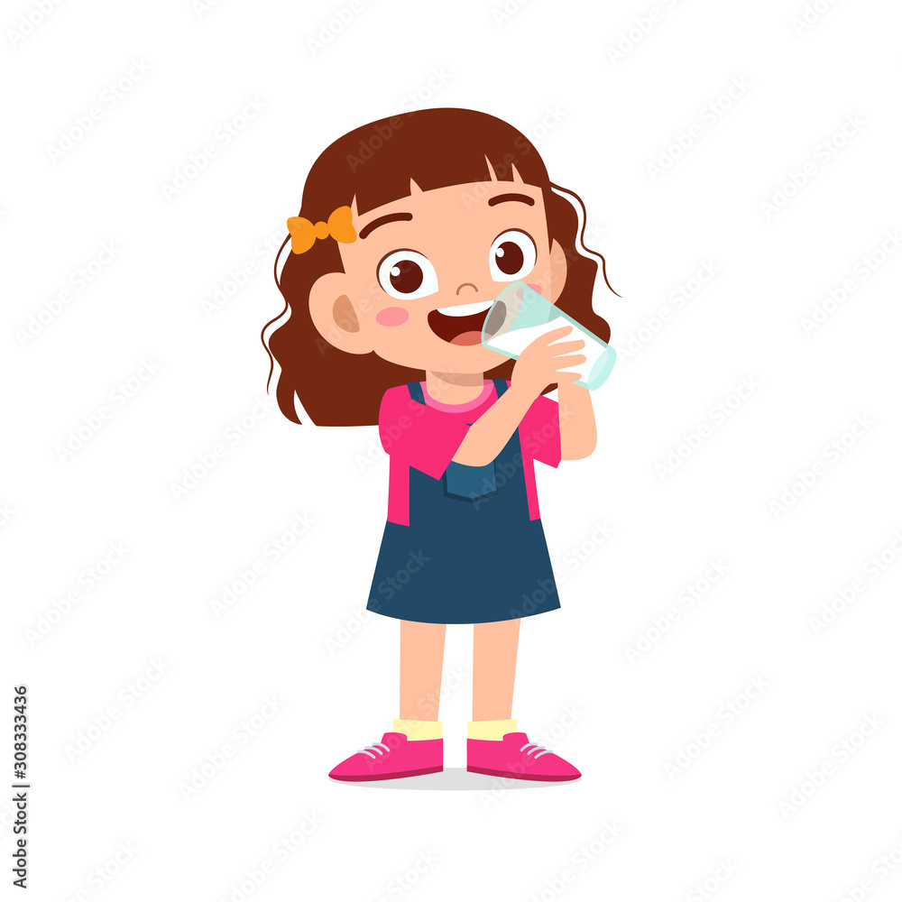 happy cute kid girl drink fresh milk