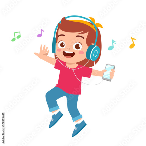 happy cute kid girl listen to music