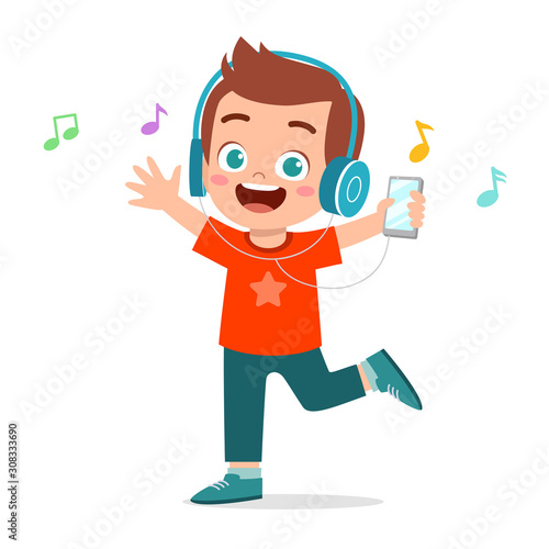 happy cute kid boy listen to music