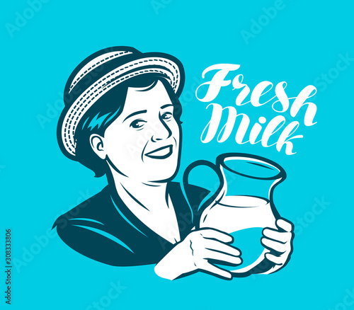 Beautiful woman with a jug of fresh milk. Dairy farm, retro vector illustration