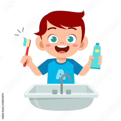 happy cute kid boy brush clean teeth