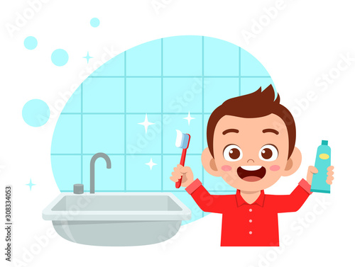 happy cute kid boy brush clean teeth