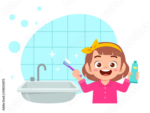 happy cute kid girl brush clean teeth
