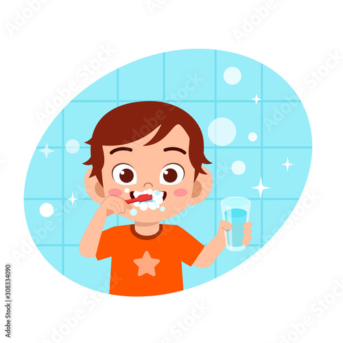happy cute kid boy brush clean teeth