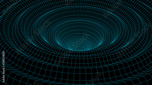 Vortex. Vector perspective curved grid. Wireframe abstract tunnel. 3D vector wormhole with a mesh structure.