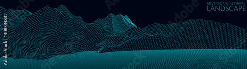 Vector wireframe 3d landscape. Technology grid illustration. Network of connected dots and lines on dark background.