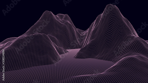 Vector wireframe 3d landscape. Technology grid illustration. Network of connected dots and lines on dark background.