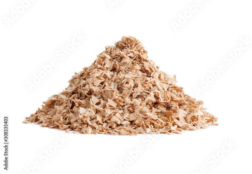 pile of sawdust isolated close-up on white photo