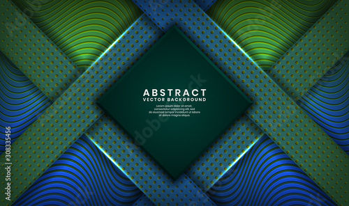 Modern cover design. Abstract green and blue color background with geometric planes textured with golden patterns. Architectural composition with square shapes for use element banner and landing page