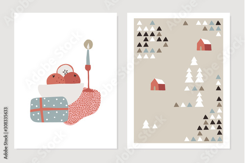 Set of Christmas Scandinavian greeting cards, invitations. Abstract winter snowy landscape with red houses and trees and festive table setting. Nordic winter design. Vector illustration background.