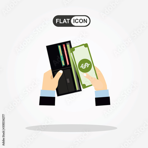 Human hands putting cash dollars into opened black leather men wallet with credit cards. vector illustration in flat design