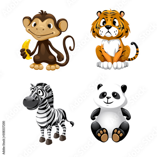 vector cute animals monkey, tiger, zebra, panda