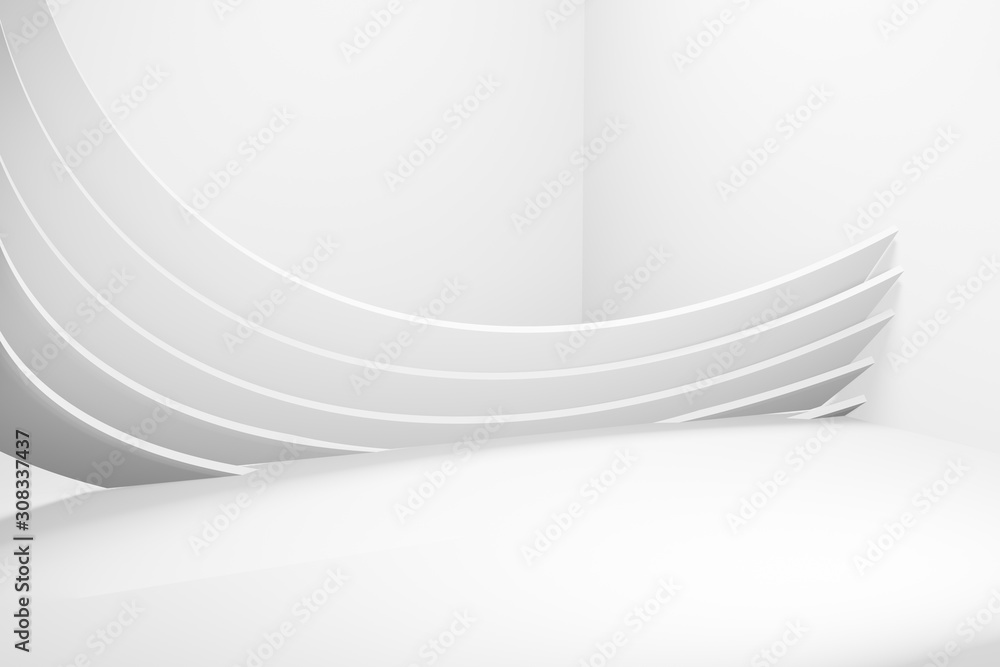3D rendering. Abstract architecture background. White room with round design elements 3D rendering. Abstract architecture background. White room with round design elements