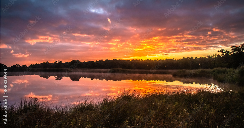 Sunrise at a natural lake with mist, Drenthe, The Netherlands