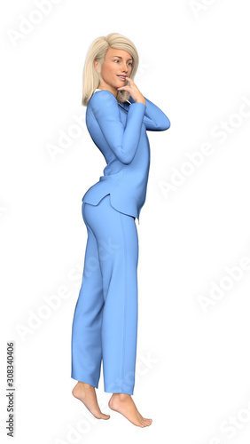 Woman in Blue Pajamas, isolated on White, 3D Rendering
