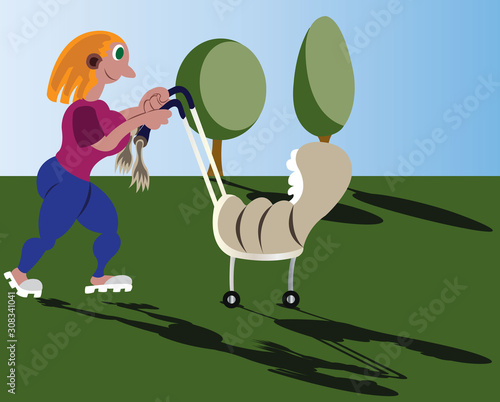 A mother pushes her baby stroller in a park