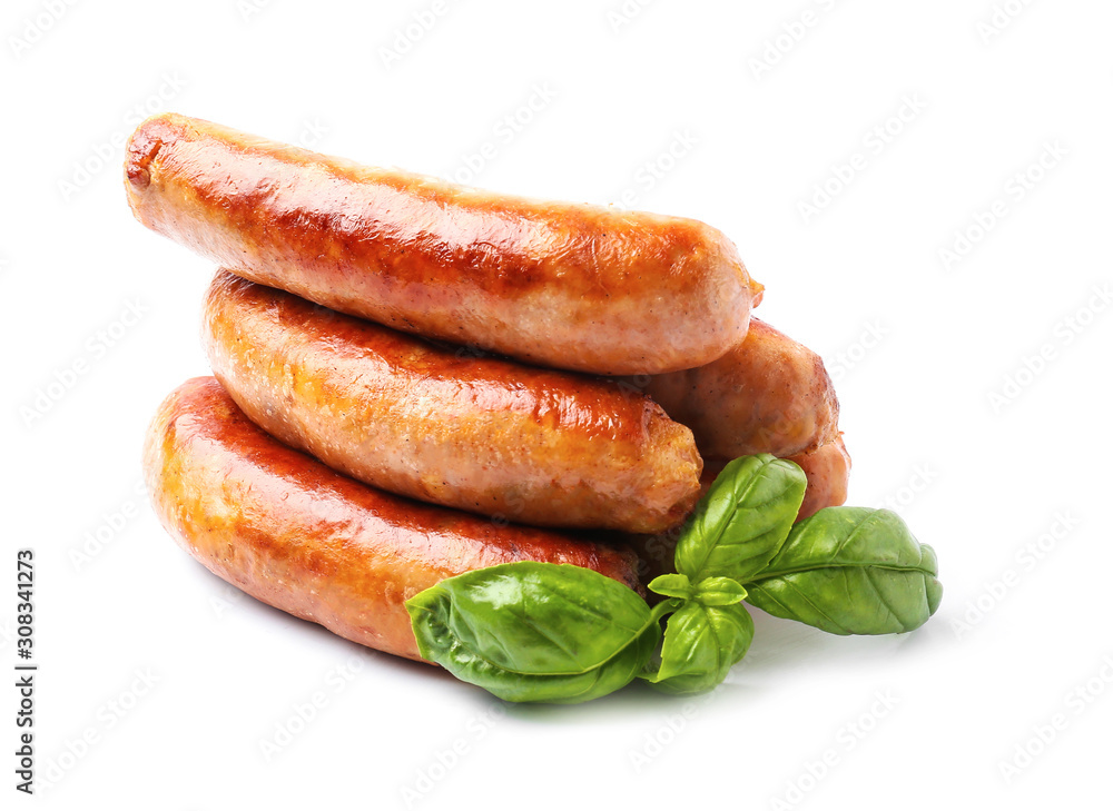 Tasty grilled sausages on white background Tasty grilled sausages on white background