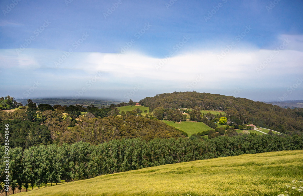 Melbourne, Australia - November 15, 2009: Green forested hills and meadows East of the city near Mount Dandenong under blue cloudscape. Some red roofs sprinkled in landscape.